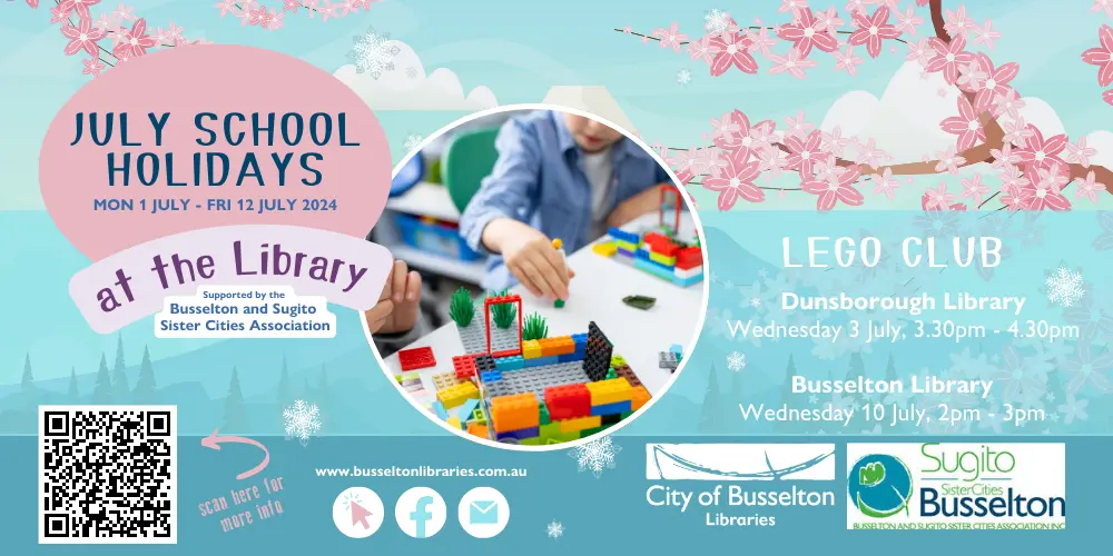 LEGO Club at Dunsborough Library. Wednesday 3rd July, 3:30pm to 4:30pm.