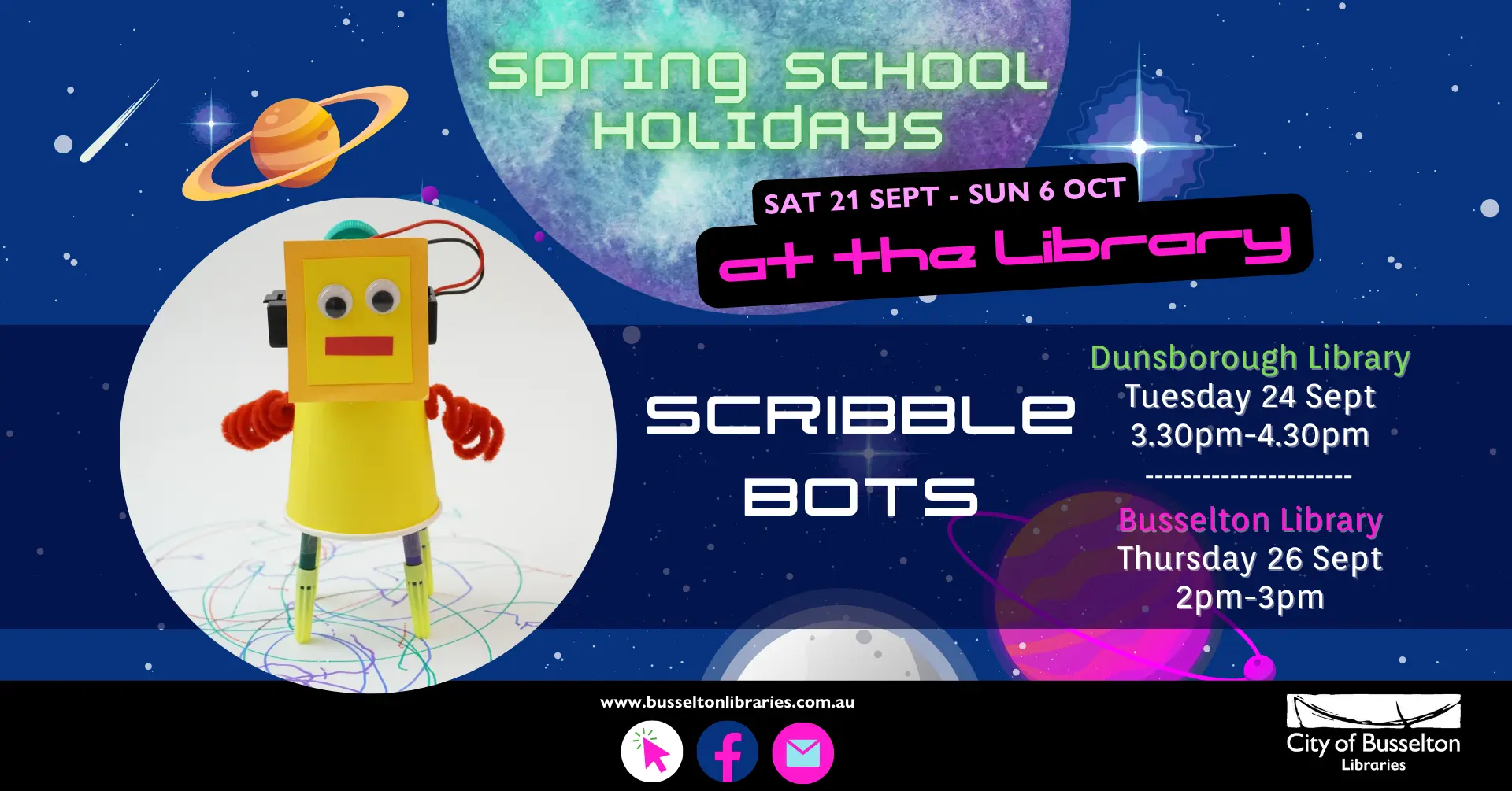 Scribble bots workshop will be held at the Busselton Library 26th of September