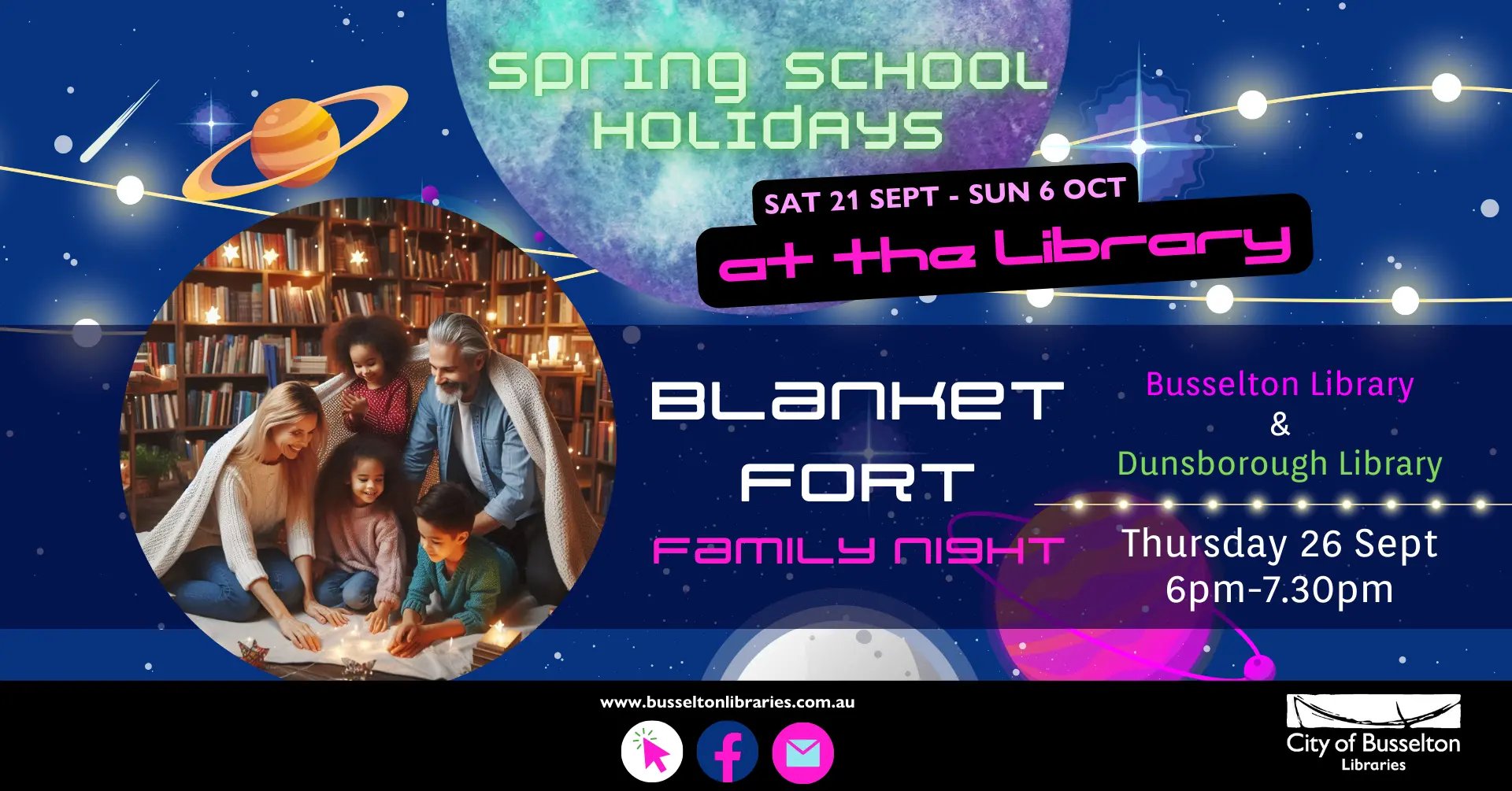 Blanket Fort - Family Night, will be held at the Busselton Library on the 26th of September at 6pm