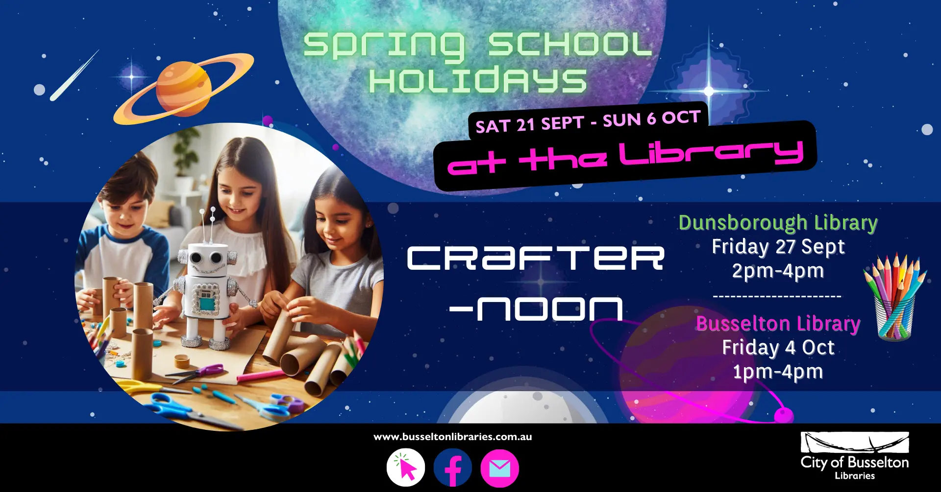 Crafternoon will be held at the Dunsborough library on the 27th of September from 2pm to 4pm