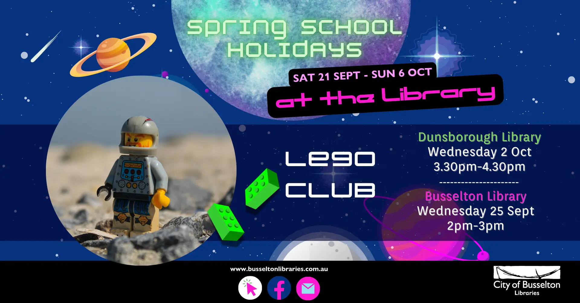 Lego Club will be held at the Dunsborough library on the 2nd of October 2024